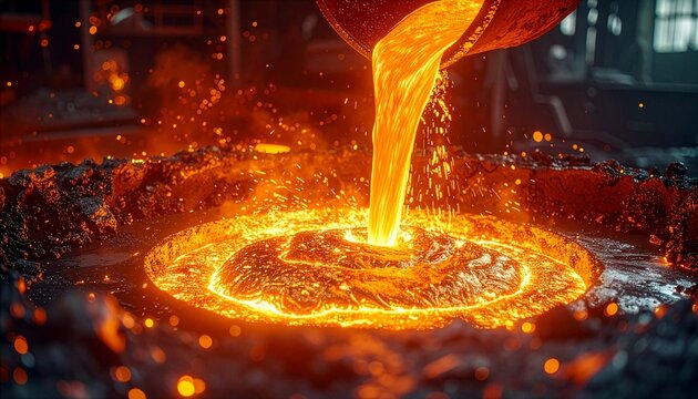 Molten liquid copper metal pouring from crucible ladle into mold during industrial metallurgy casting process