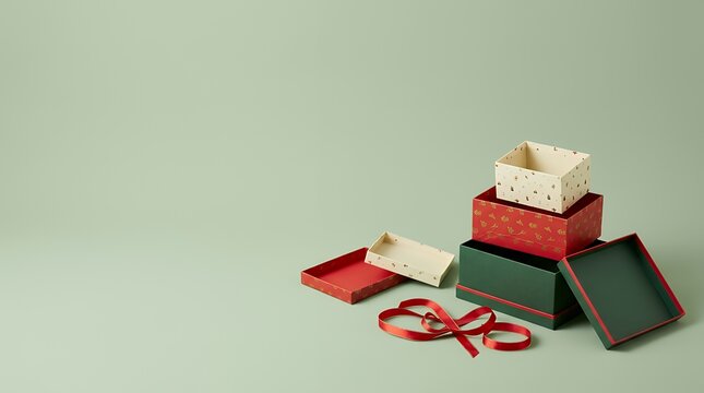 赤いリボンと積み重ねたクリスマスギフトボックス