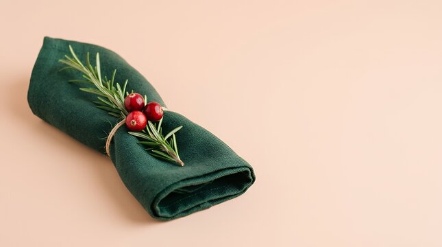 ローズマリーと赤い実を添えたクリスマスナプキン