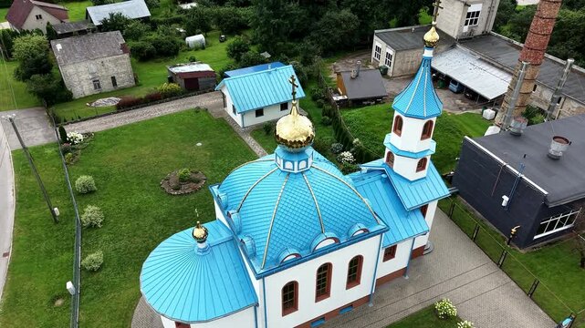 Iecava Russian Orthodox Church of the Nativity with Golden Domes and Crosses, Latvia