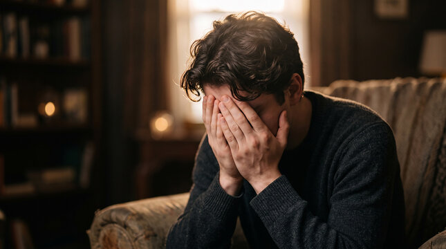 Sorrowful man holding his face in despair in a dimly lit room perfect for themes of severe depression failure anxiety and emotional mental health struggles