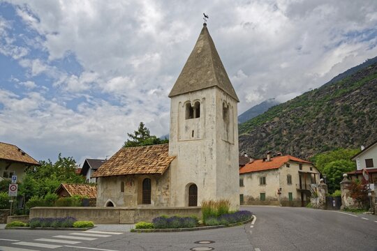 Small Romanesque choir tower church of St. Nicholas, Laces, Laudes, Trentino-Alto Adige, Italy