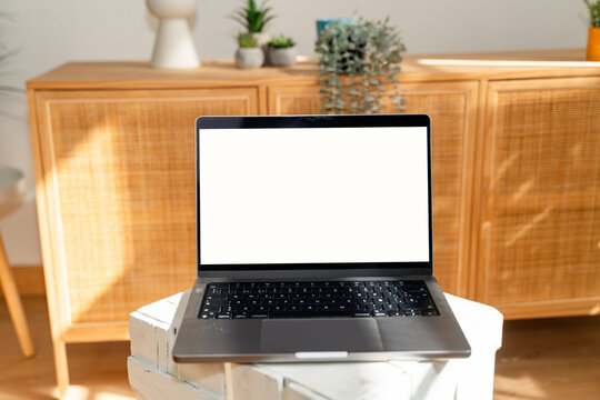 Laptop computer with blank screen on wooden table in modern interior