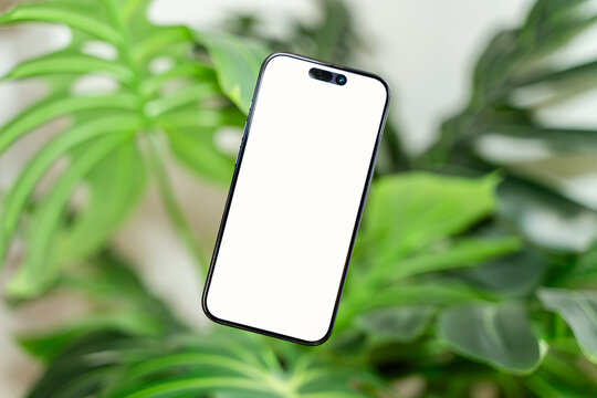 Smartphone with blank white screen against leafy plant background