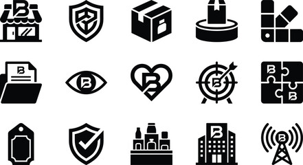 Set of diverse business and communication icons featuring the letter B for corporate branding and marketing design projects © Jahida