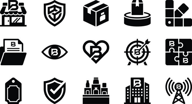 Set of diverse business and communication icons featuring the letter B for corporate branding and marketing design projects