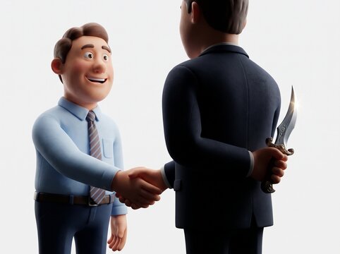 3D animated illustration of two businessmen shaking hands while one secretly hides a sharp dagger behind his back, concept of business betrayal, backstabbing partner, and corporate dishonesty
