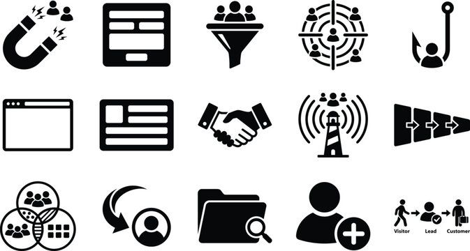 Set of black marketing and business management icons for digital strategy and lead generation