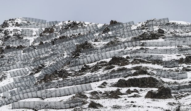 Fences for avalanche protection, mountain slope near Siglufj&ouml;r&eth;ur, Nor&eth;urland eystra, Iceland