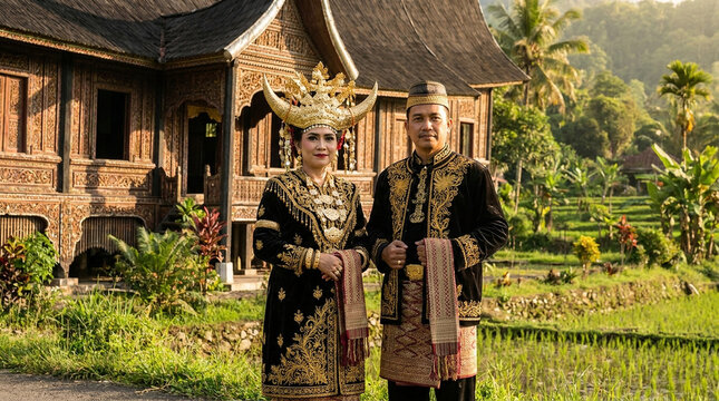Photorealistic Minangkabau couple wearing traditional West Sumatran ceremonial clothing with a distinctive Rumah Gadang architectural background.