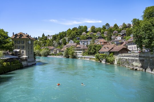 People bathe in the river Aare, floating, Bern, Canton of Bern, Switzerland