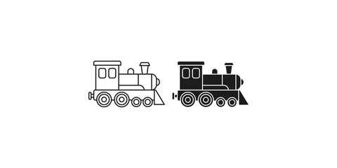 Steam locomotive train silhouettes in outline and solid black graphic styles. © Parveen