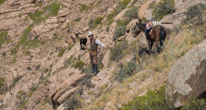 Traditional Kyrgyz eagle hunter with eagle in the mountains, hunting on horseback, near Kysyl-Suu, Kyrgyzstan