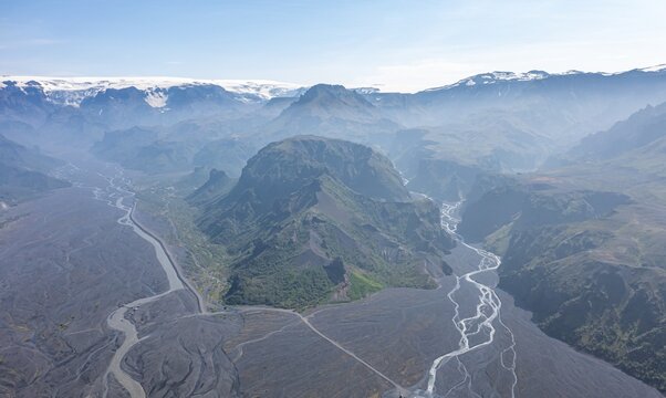Aerial view, panorama, mountains and glacier river in a mountain valley, wild nature, Icelandic Highlands, &THORN;&oacute;rsm&ouml;rk, Su&eth;urland, Iceland