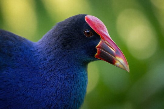 Close up profile of purple swamphen bird. Pukeko with bright red beak, frontal shield looks ahead. Vibrant blue feathers, colorful head detail on soft green background. Rare exotic water bird in