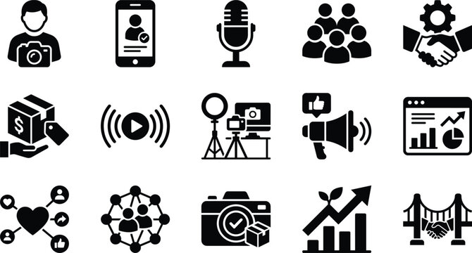 Set of diverse digital marketing and business communication icons on white background