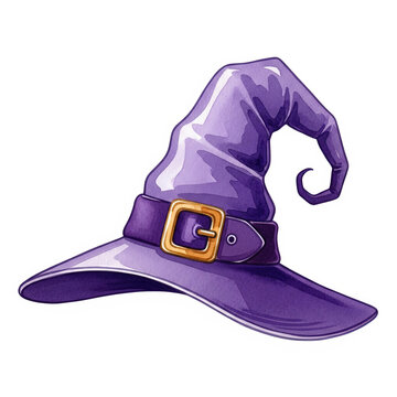 Purple witch hat with a buckle and curled tip for Halloween  