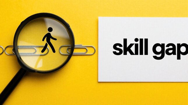 Magnifying glass shows stick figure walking across paper clip on yellow surface. White card with skill gap text next to object. Concept of career bridge, job recruitment, training, solving human