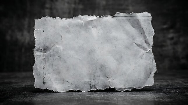 Grungy torn blank newspaper piece with rough ragged edges on a dark distressed textured background for dramatic design projects