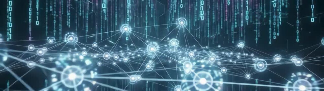 Big data and artificial intelligence concept digital network connection with falling binary code rain abstract technology background with glowing nodes and lines in motion.