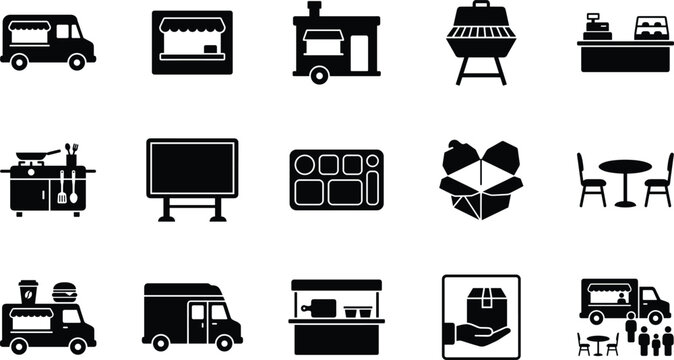 Set of food truck and restaurant industry icons on isolated white background