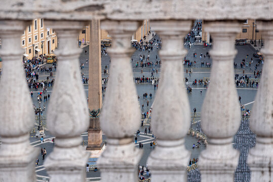 Close Up of Stone Balustrade Overlooking Saint Peter Square and Visitors in Rome
