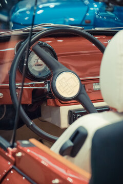 Poznan, Poland - October 07, 2023: Retro Motor Show in Poznan. Interior view of old classic FSO Syrena. Detail of vehicle