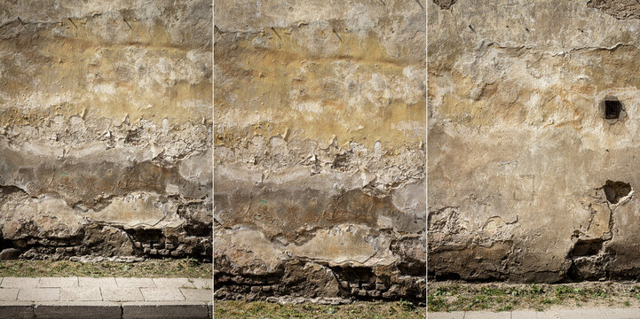 Collection of images with old cracked plaster and brick wall. Abandoned exterior urban backgrounds