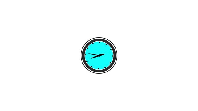 Animated clock face displays time passing with moving hands on blue background, simple graphic motion footage.