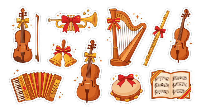 Collection of musical instruments and sheet music for classical and festive themes