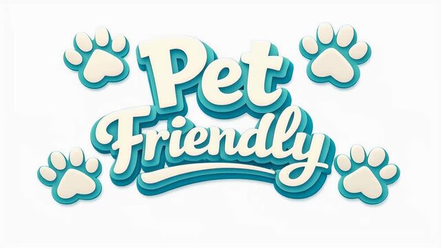 Pet friendly 3d logo with teal and cream paw prints on white background. playful lettering and paw icons slide into center with subtle zoom and pan animation for branding signage