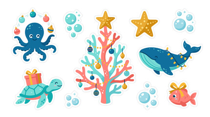 Obraz premium Colorful underwater scene with various sea creatures and coral reef elements