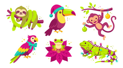 Fototapeta premium Colorful cartoon animals set including monkey toucan parrot tiger frog and cat