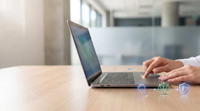 Corporate worker operating laptop trackpad near refractive compliance and cybersecurity icons on wooden desk   