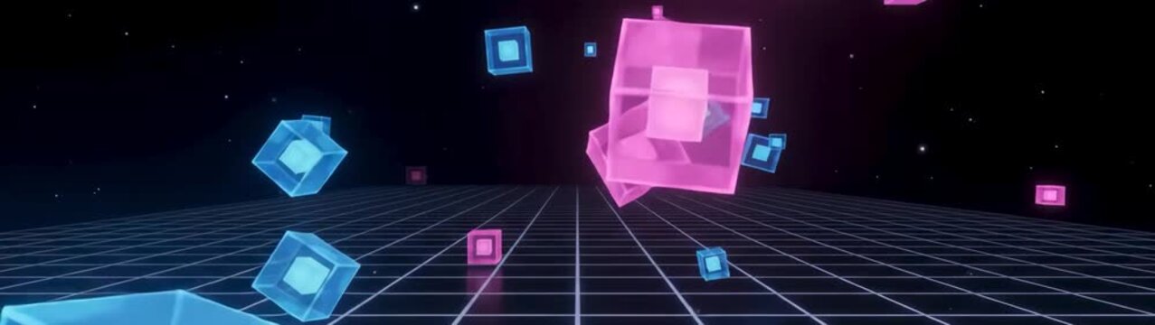 Digital transformation and data flow concept glowing pink and blue cubes floating over a dark grid background abstract technology motion background.