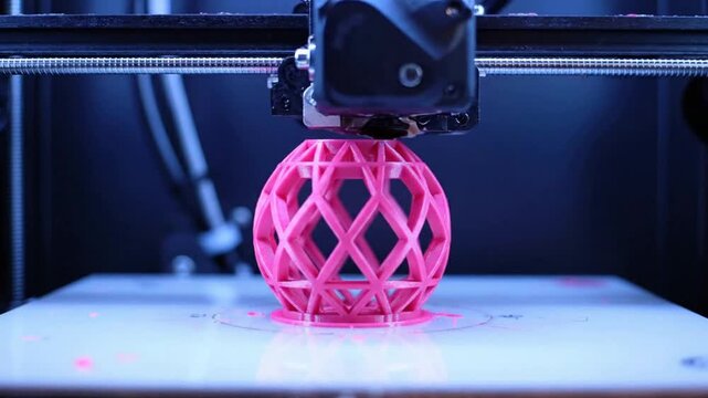 3D printer making pink geometric sphere model: modern additive manufacturing and rapid prototyping process in action
