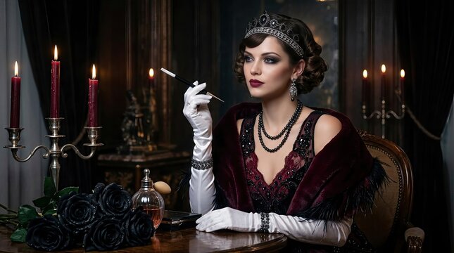 Elegant 1920s Vintage Woman in Luxurious Evening Attire with Cigarette Holder and Candlelight Atmosphere