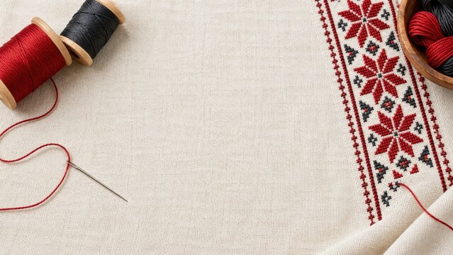 traditional red and black embroidery pattern on linen fabric with thread spools and needle. folk needlework concept. website header, banner with copyspace.