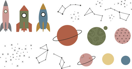 Boho Scandinavian Outer Space Elements Set Rockets Planets Constellations Stars Astronomy Nursery Clipart Vector Illustration © MdKhayrul