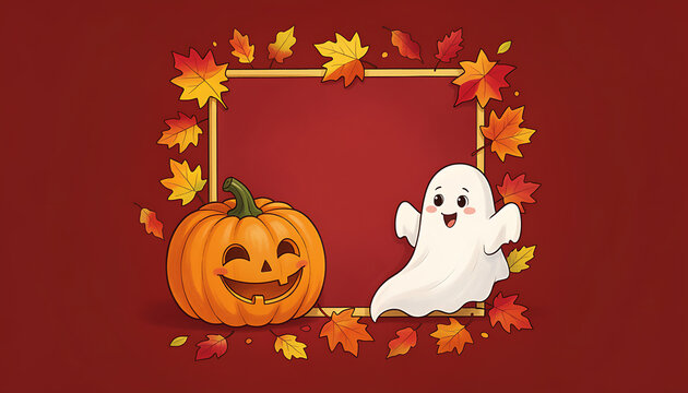 Halloween pumpkin and ghost corner frame illustration with autumn leaves on red background.