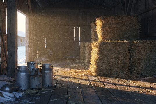 Golden light illuminates a rustic barn interior with hay bales and milk cans.