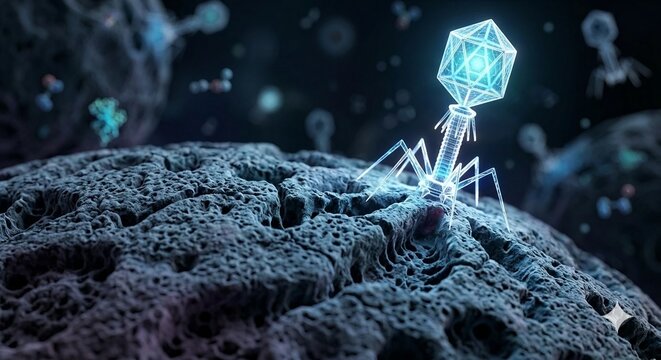 3D Render of Bacteriophage Attacking Bacteria Cell