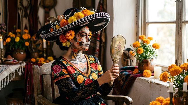 Woman wearing floral sombrero and sugar skull makeup looking in mirror