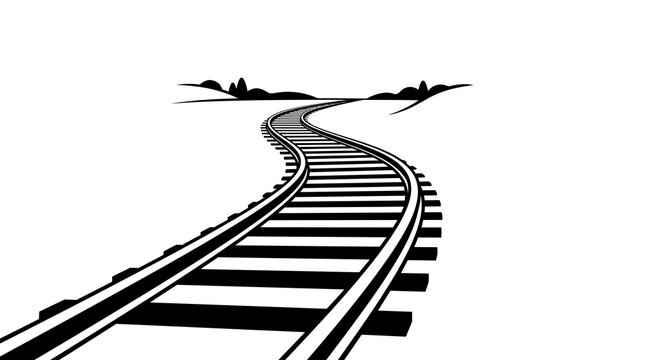 Winding railroad track perspective illustration, black and white train tracks vector graphic, minimalist railway transport line design