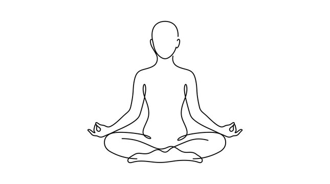 Minimalist continuous line art drawing of a person meditating in lotus pose, a serene yoga illustration, perfect for wellness and mindfulness designs, simple black and white graphic.