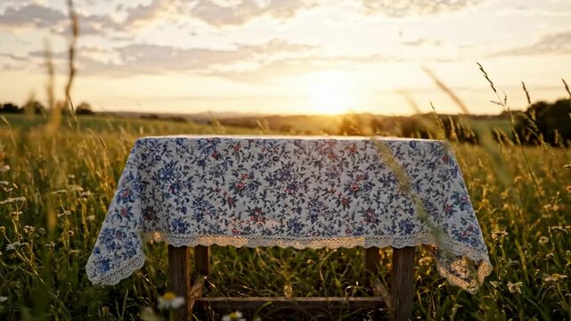 Rustic wooden table with floral tablecloth in a scenic blooming meadow at sunset golden hour floral pattern