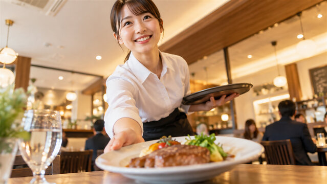 レストランで笑顔でお客様にハンバーグを提供する女性ウェイトレス。飲食店で元気に働くスタッフの丁寧な接客サービス。 generative ai