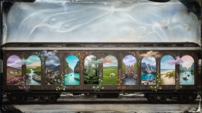 Vintage Train Carriage Displaying Diverse Global Landscapes Through Arched Window Panes Photo Collage
