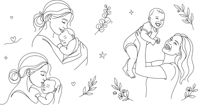 Mother holding newborn baby love and happy family line art icon