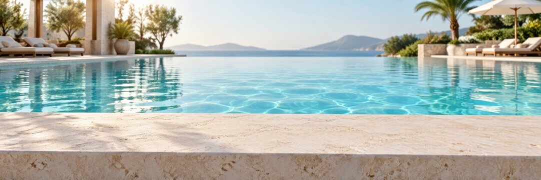 stone podium by luxury infinity swimming pool overlooking calm sea. summer vacation and resort travel concept. banner, website header with copy space.